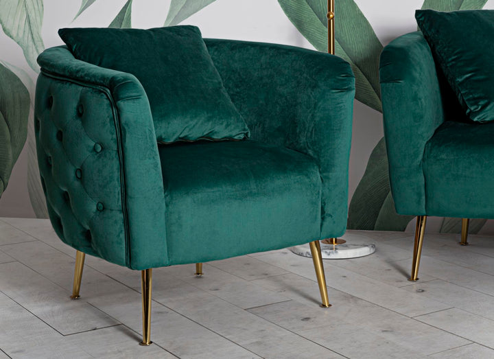 Glam stol i grøn, træ, stof og metal – 76x74x73 cm