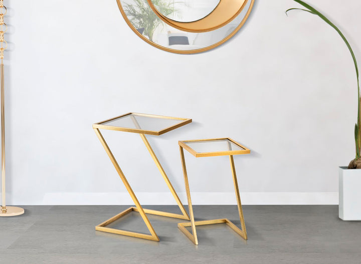 Glam borde i guldfarve, jern og glas – 40x40x60 og 30x30x50 cm