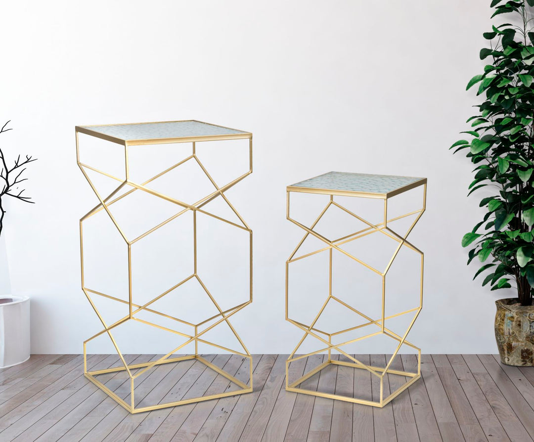Glam sideborde i guldfarve, jern og glas – 50x50x100 og 40x40x80 cm