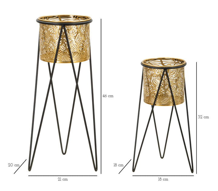 Glam vaser i guldfarve, metal  – 21x20x46 og 18x18x32 cm