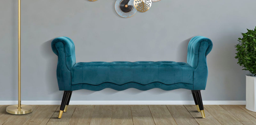 Glam bænk i fyrretræ, skum, metal og polyester – 120x40x60 cm