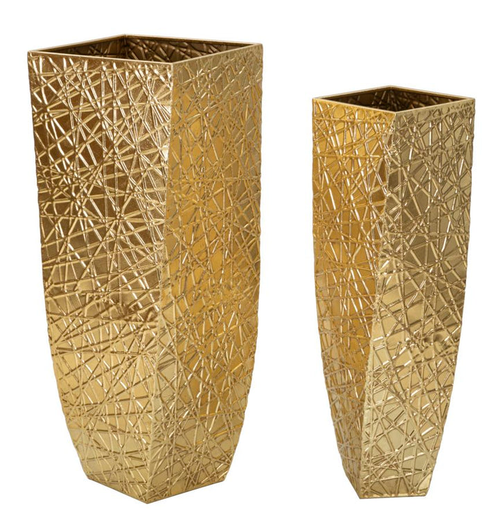 Glam vaser i guldfarve af jern – 34x34x90 og 25x25x78 cm
