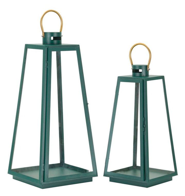 Glam lanterner i jern og glas, grøn og guldfarvet – 25x25x57 og 20x20x45 cm