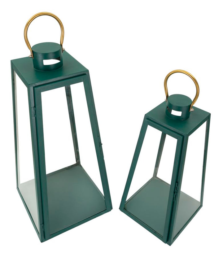 Glam lanterner i jern og glas, grøn og guldfarvet – 25x25x57 og 20x20x45 cm