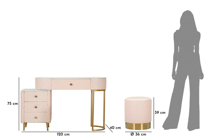 Glam sminkebord med skammel i træ, mdf, metal – 120x40x75, 36x39 cm