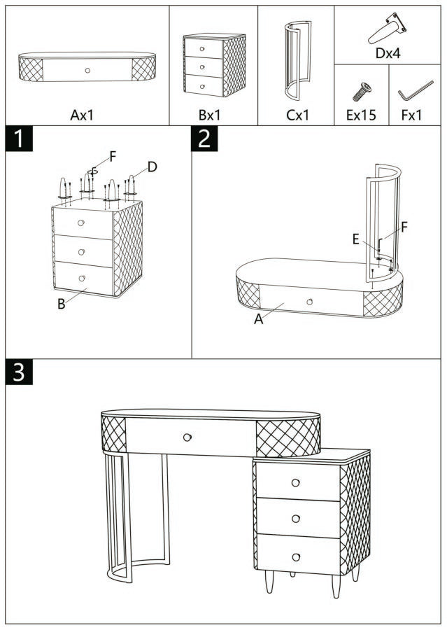 Glam sminkebord med skammel i træ, mdf, metal – 120x40x75, 36x39 cm