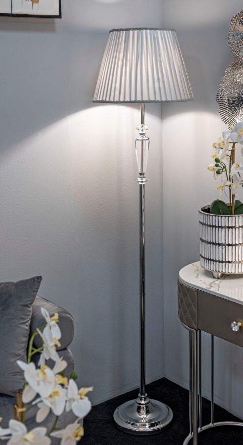 Glam gulvlampe i sølvfarve, metal, glas, stof