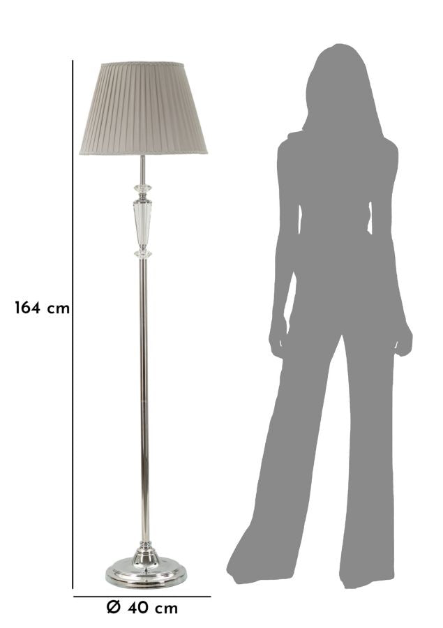 Glam gulvlampe i sølvfarve, metal, glas, stof