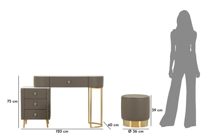 Glam sminkebord med skammel, guldfarvede kanter, 120x40x75, 36x39 cm