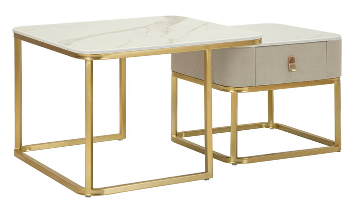 Glam borde i guldfarve, fyrretræ, MDF og metal – 70x70x48, 50x50x43 cm