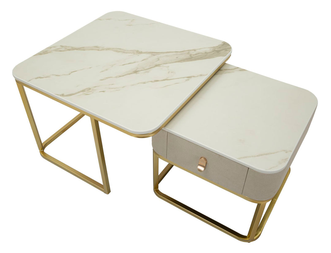 Glam borde i guldfarve, fyrretræ, MDF og metal – 70x70x48, 50x50x43 cm