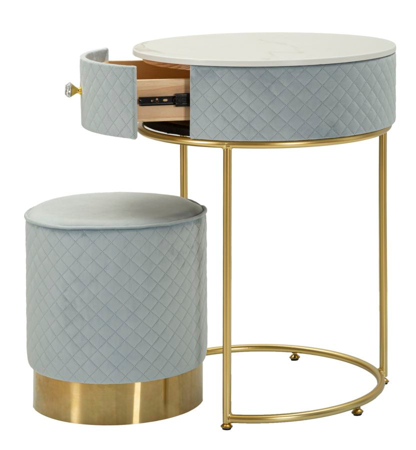 Glam bord i fyrretræ, mdf og metal, lyseblå med guldfarve – 52x70 36x39 cm