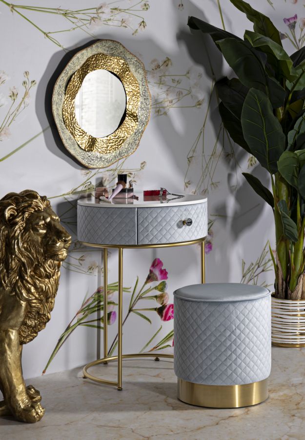 Glam bord i fyrretræ, mdf og metal, lyseblå med guldfarve – 52x70 36x39 cm