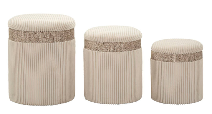 Taburetter i creme, mdf og polyester – 40x5x49 og 35x42 og 31x38 cm