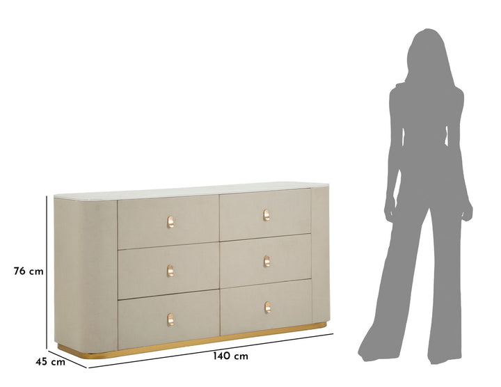 Glam kommode i guldfarve, fyrretræ, mdf og metal – 140x45x76 cm