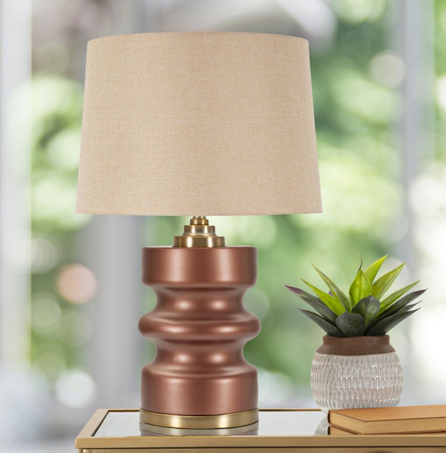 Glam bordlampe i guldfarve af glas, metal og stof – 36x5x56 cm