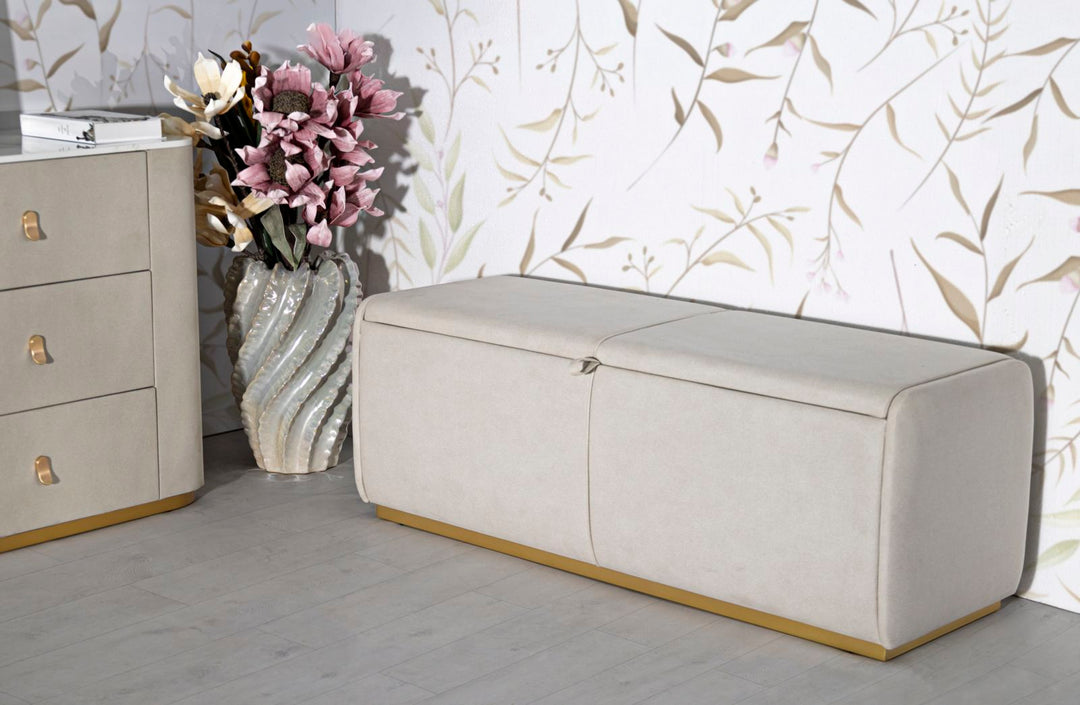 Glam entrébænk i guldfarve, fyrretræ, mdf og metal – 130x45x45 cm