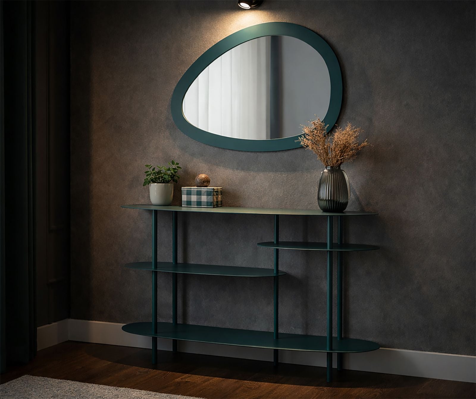 Ovalt designvægspejl i teal farve, Saturno model, 71x48 cm