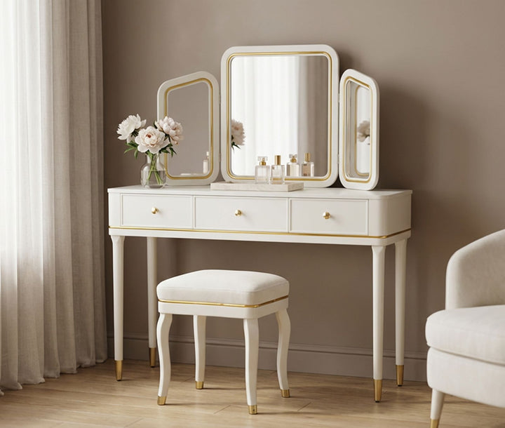 CAMILLE SMINKEBORD MED SPEJL OG SKAMMEL HVID CM 120X37X79-104X2,5X56-44X34X48