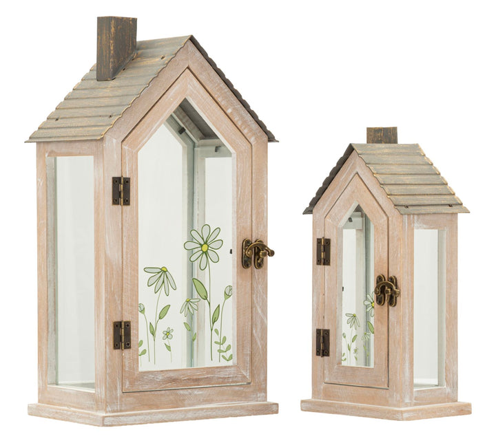 FLOWER LANTERN – Sæt med 2 lanterner i træ (18 x 13 x 36 cm / 12,5 x 8,5 x 25 cm)
