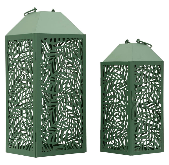 CARVING LANTERN – Sæt med 2 lanterner i grøn (17,8 x 17,8 x 44 cm / 13,8 x 13,8 x 34 cm)