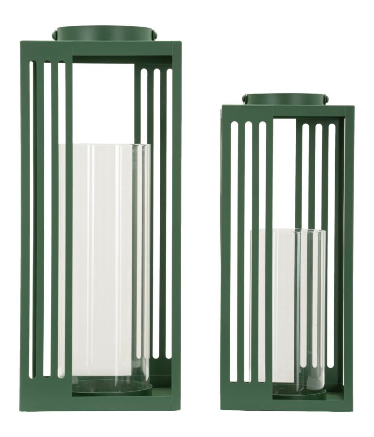 LINEE LANTERN – Sæt med 2 lanterner i grøn (18,3 x 18,3 x 43,5 cm / 15 x 15 x 36,5 cm)