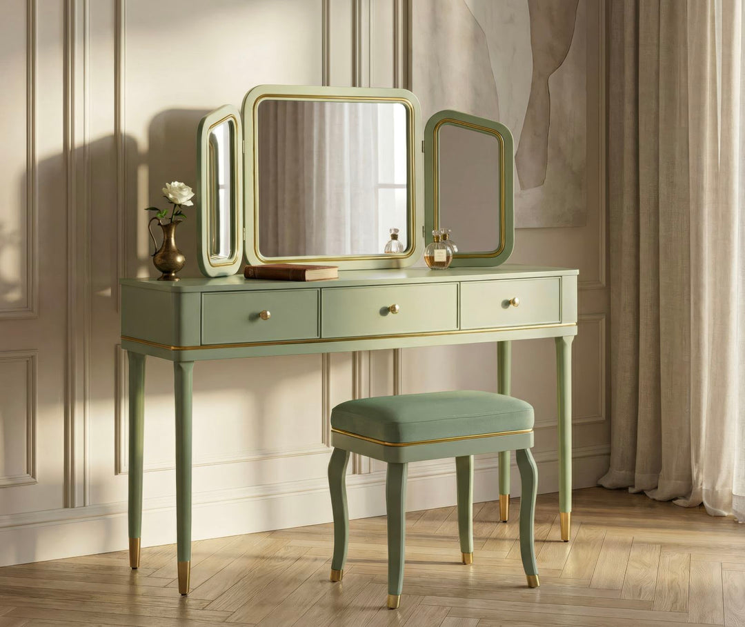 CAMILLE SMINKEBORD MED SPEJL OG SKAMMEL GRØN CM 120X37X79-104X2,5X56-44X34X48