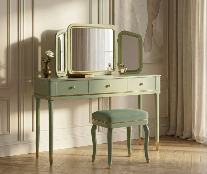 CAMILLE SMINKEBORD MED SPEJL OG SKAMMEL GRØN CM 120X37X79-104X2,5X56-44X34X48