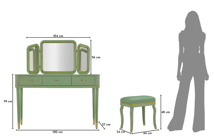 CAMILLE SMINKEBORD MED SPEJL OG SKAMMEL GRØN CM 120X37X79-104X2,5X56-44X34X48