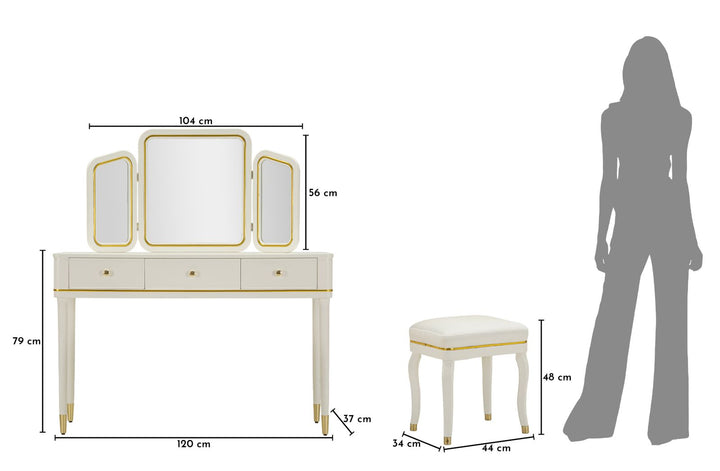 CAMILLE SMINKEBORD MED SPEJL OG SKAMMEL HVID CM 120X37X79-104X2,5X56-44X34X48