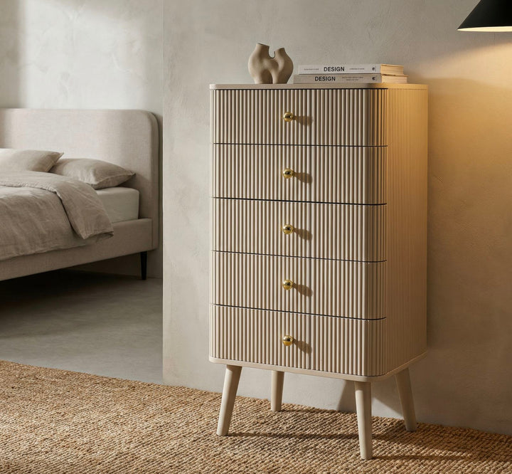 Kommode med 5 skuffer, 37,5X34X89 cm, hvid