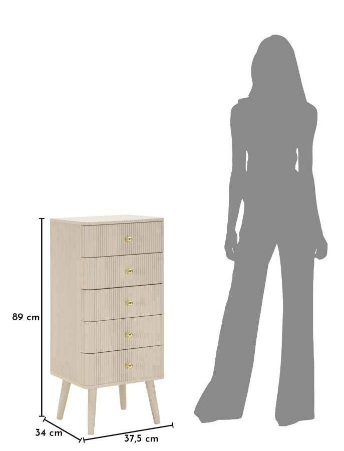 Kommode med 5 skuffer, 37,5X34X89 cm, hvid