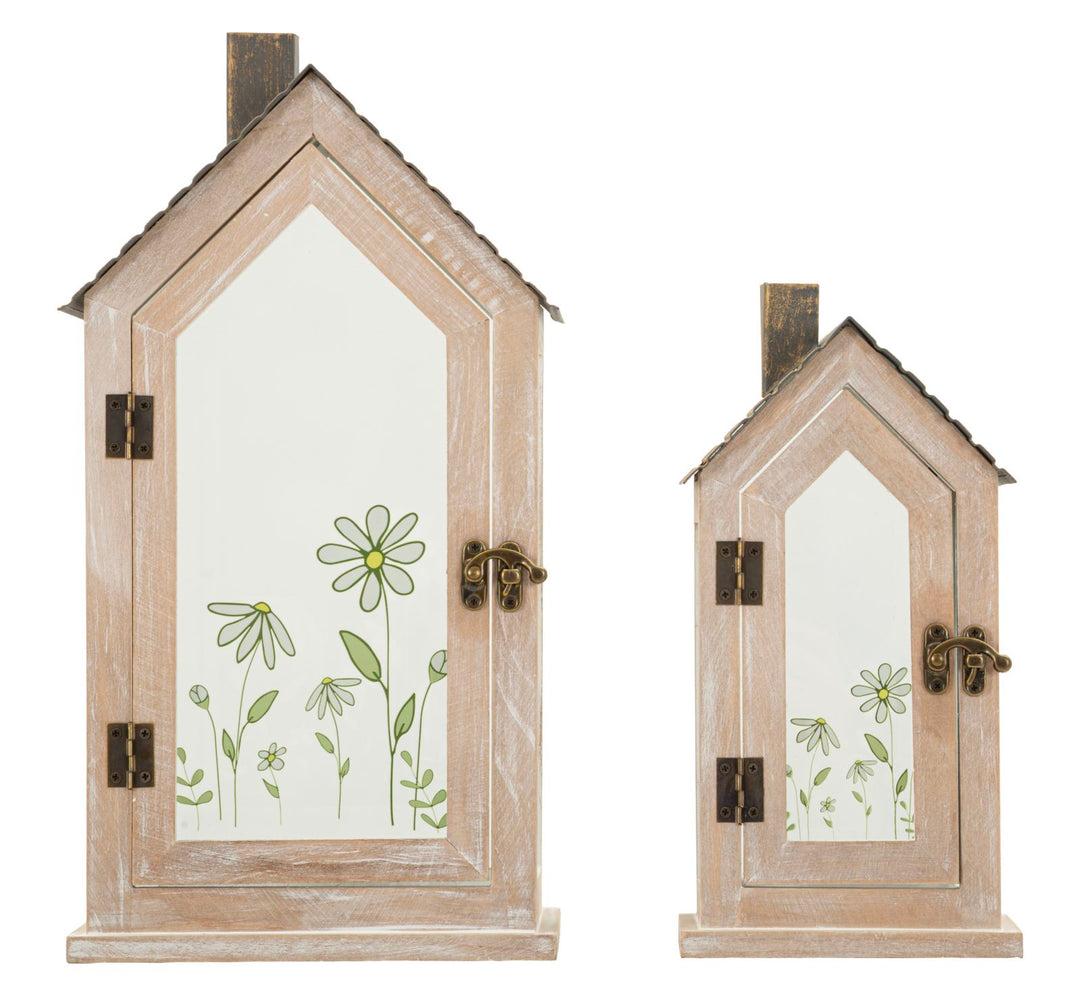 FLOWER LANTERN – Sæt med 2 lanterner i træ (18 x 13 x 36 cm / 12,5 x 8,5 x 25 cm)