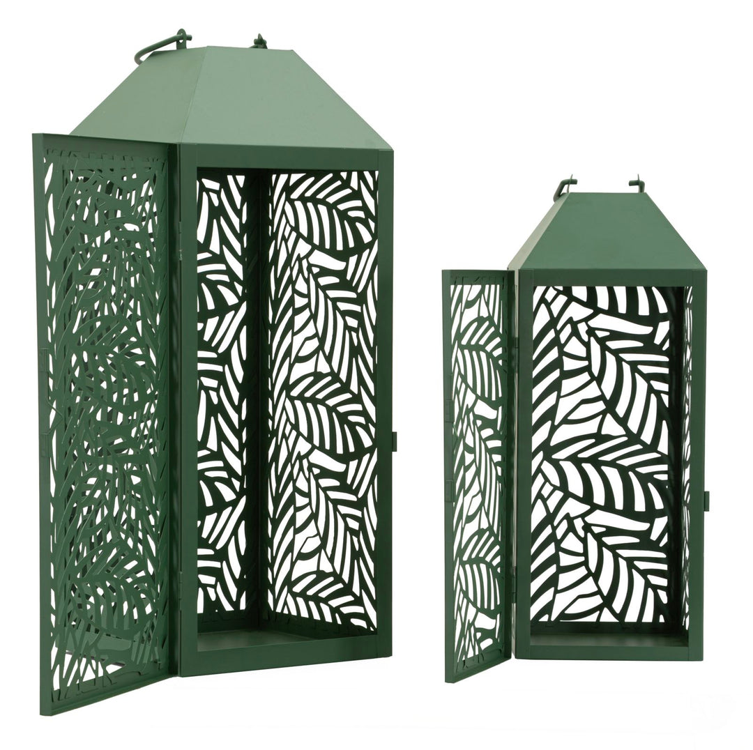 CARVING LANTERN – Sæt med 2 lanterner i grøn (17,8 x 17,8 x 44 cm / 13,8 x 13,8 x 34 cm)