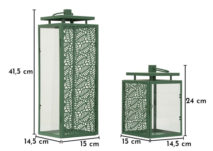 HALL LANTERN – Sæt med 2 lanterner i grøn (15 x 14,5 x 41,5 cm / 15 x 14,5 x 24 cm)
