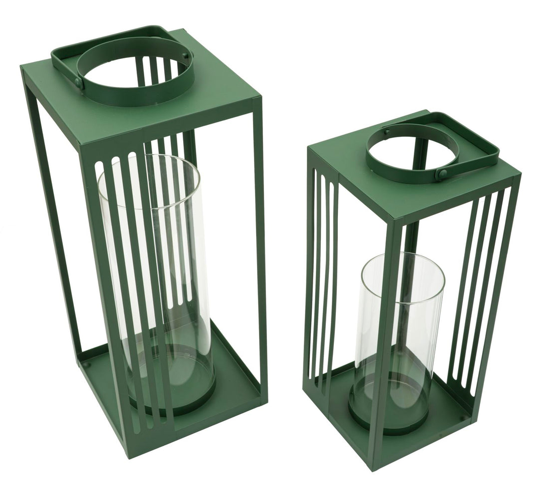 LINEE LANTERN – Sæt med 2 lanterner i grøn (18,3 x 18,3 x 43,5 cm / 15 x 15 x 36,5 cm)