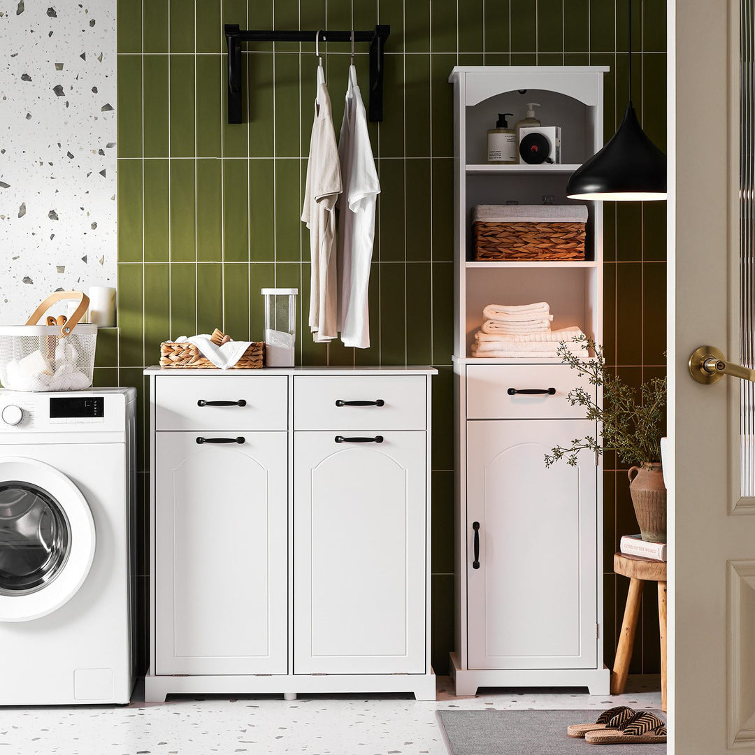 Kommode med indbyggede vasketøjskurve til badeværelset, H90 x B79.5 x D38 cm, hvid