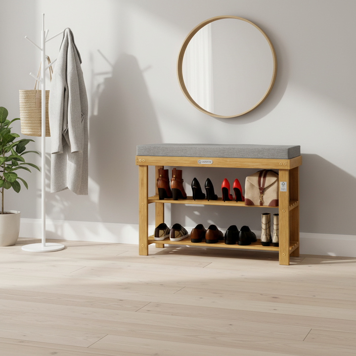 Skobænk med hynde, FSC®-certificeret akacietræ, 70x33x47 cm, naturfarvet