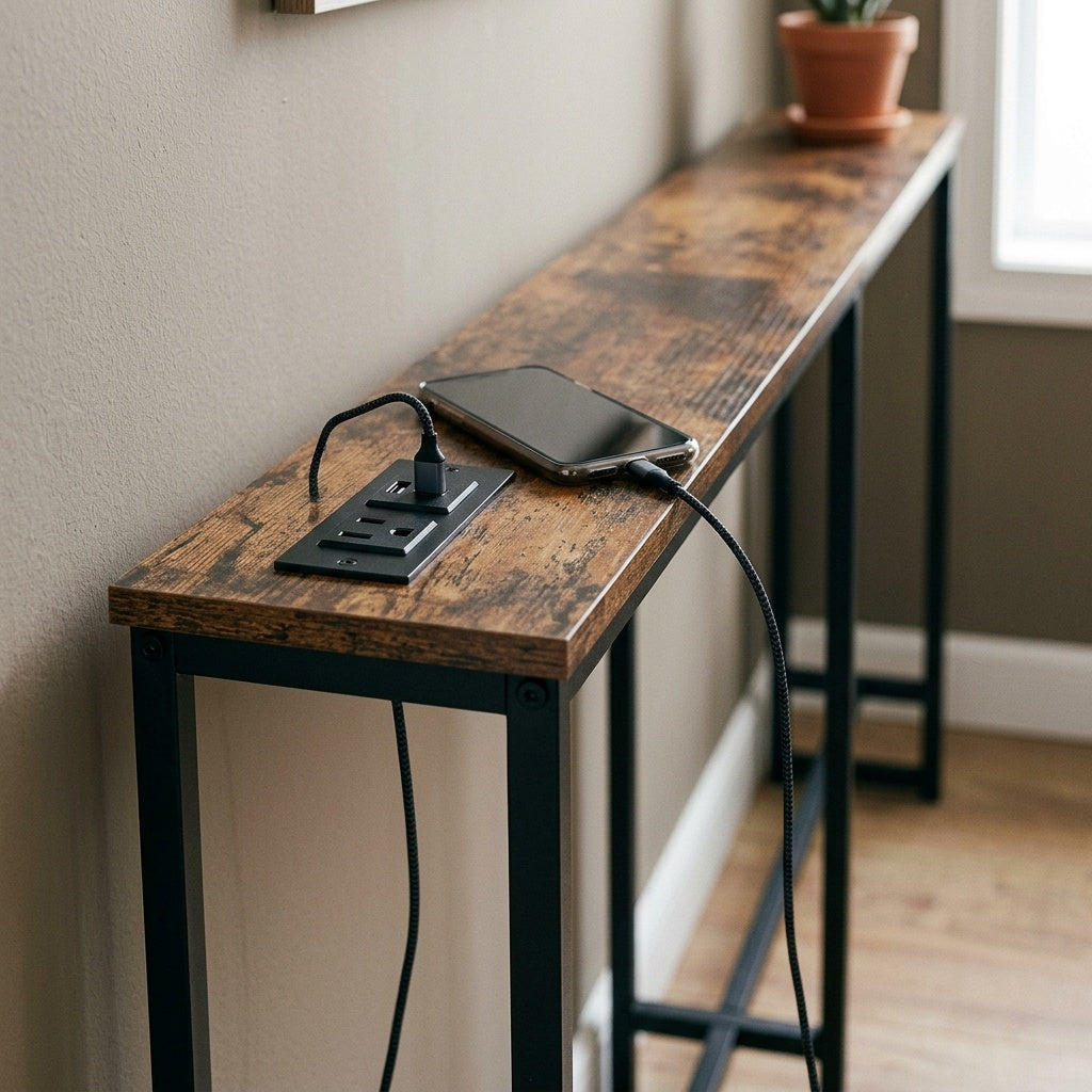 Indbygget ladestation med stik og USB i konsolbord tæt på