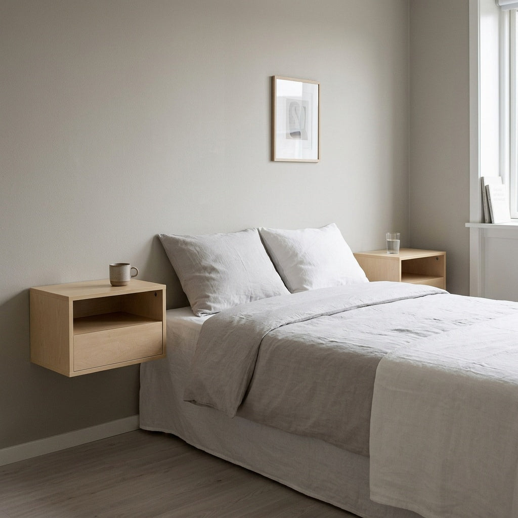 Vægmonteret natbord ved seng med lampe og bog