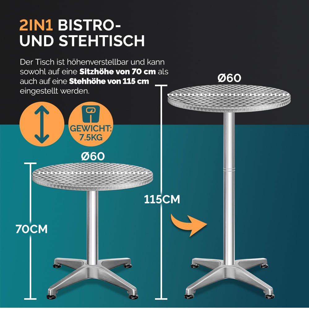 Højt bordsæt af 2 stk., sølv aluminium Ø60cm højdejusterbar