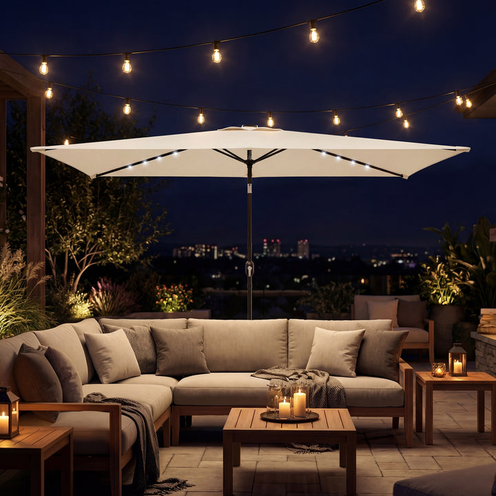 LED solcelleparasol, ca. 300 x 200 cm, vipbar balkonparasol med håndsving, beskyttelsesovertræk, UV-beskyttelse, drejelig, cremehvid
