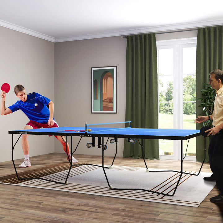 Bordtennisbord, foldbart, 8 hjul, pulverlakeret stålramme, mdf, 274 x 152,5 x 76 cm, blå