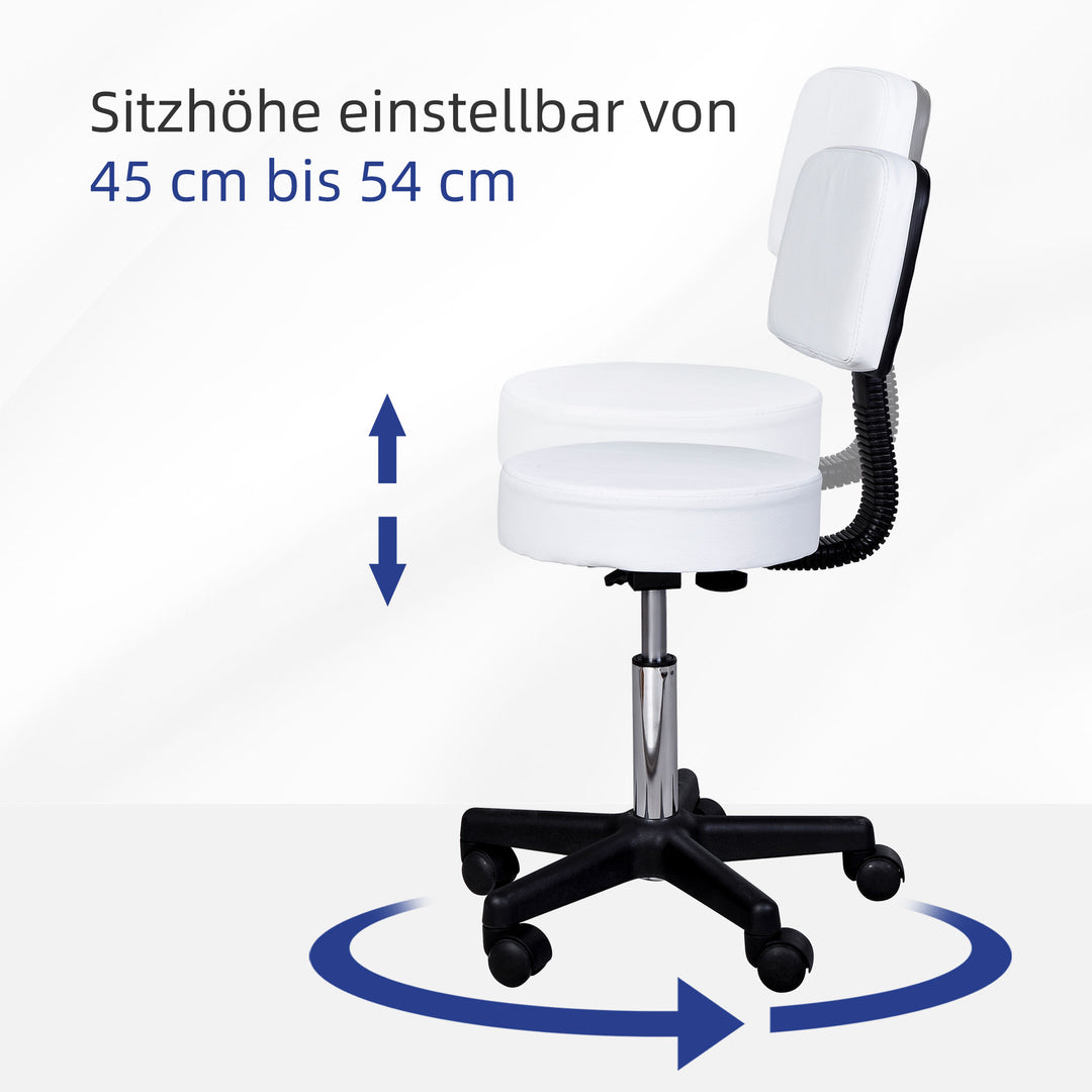 Rullende skammel højdejusterbar arbejdsskammel med ryglæn, roterende salonskammel til massagekontor kunstlæder hvid 35 x 72-84 cm
