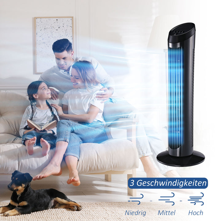 45W tårnventilator, stille design, 3 hastighedsindstillinger, 70° oscillation, ABS, sort, Ø27 x H75 cm