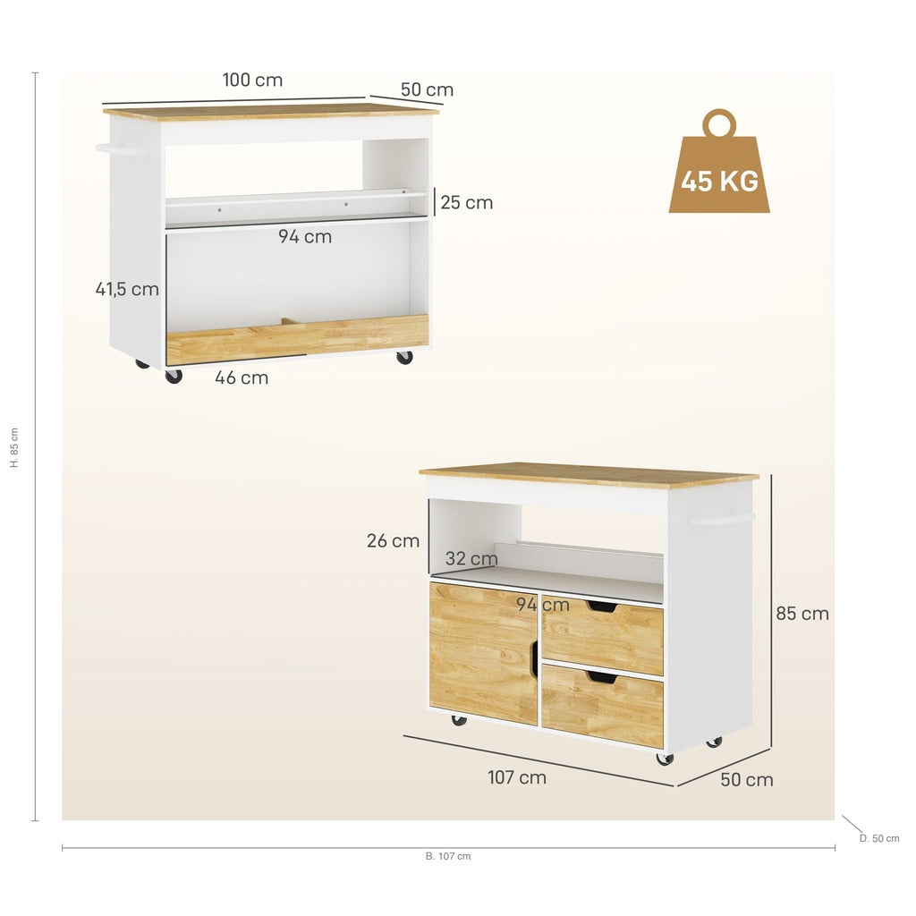 Måldiagram for køkkenvogn med 100 x 50 cm bordplade