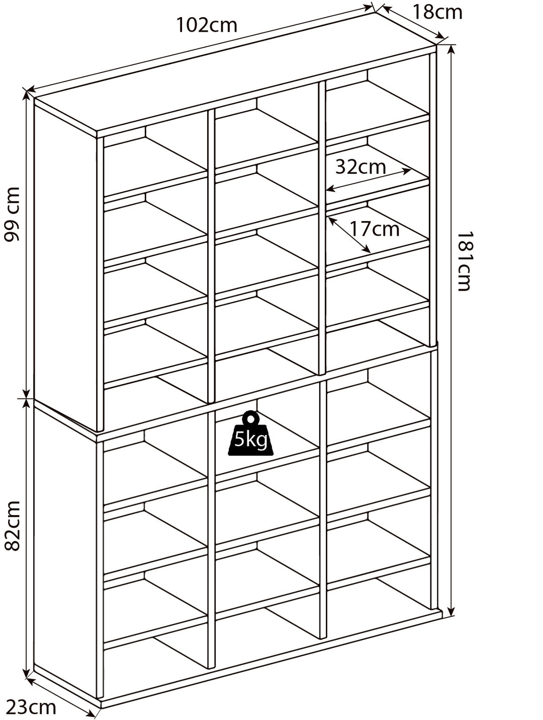 Måldiagram for stor reol 183 x 102 x 23 cm