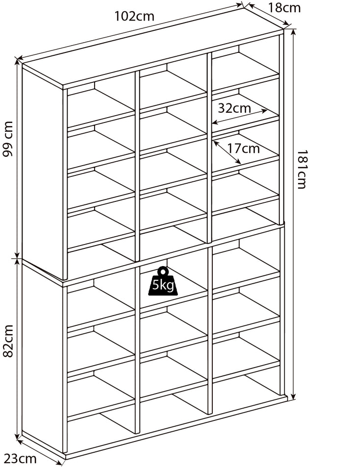 Måldiagram for stor reol 183 x 102 x 23 cm