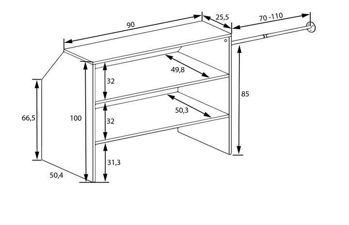 Måldiagram for reol med skråt tag 90 x 100 x 50 cm