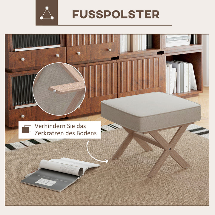 Moderne fodskammel, polstret skammel med blødt sæde, gummiben i træ, til stue, soveværelse, beige